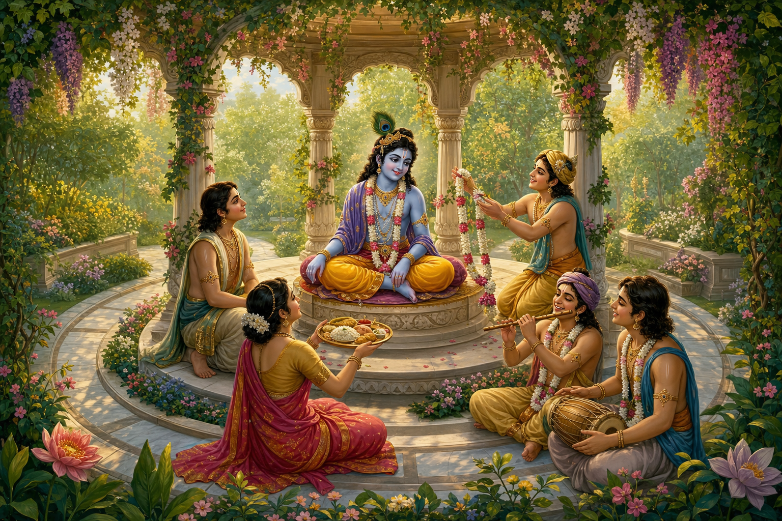 Krishna sits in a garden pavilion surrounded by devotees expressing reverence, friendship, care and joyful companionship.