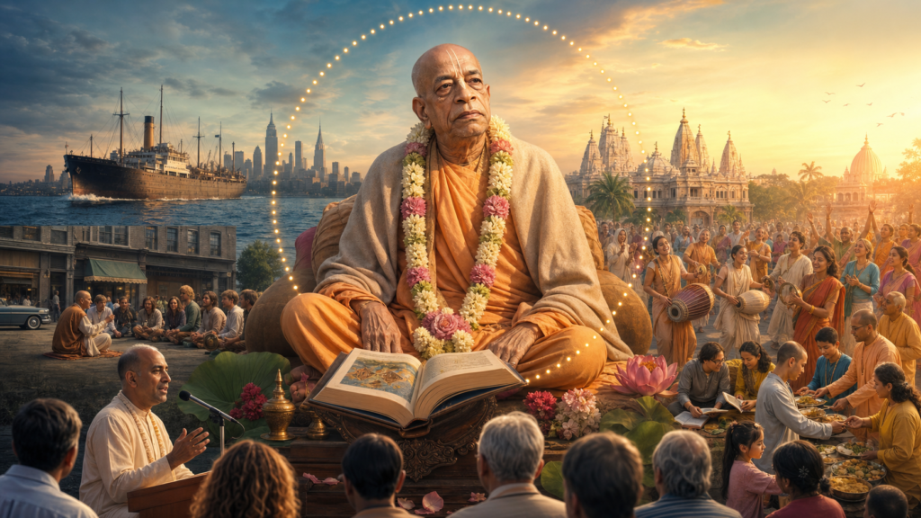 Cinematic illustration of Srila Prabhupada seated with an open sacred book, framed by scenes of ISKCON’s voyage, temples, kirtan, study, and food service.