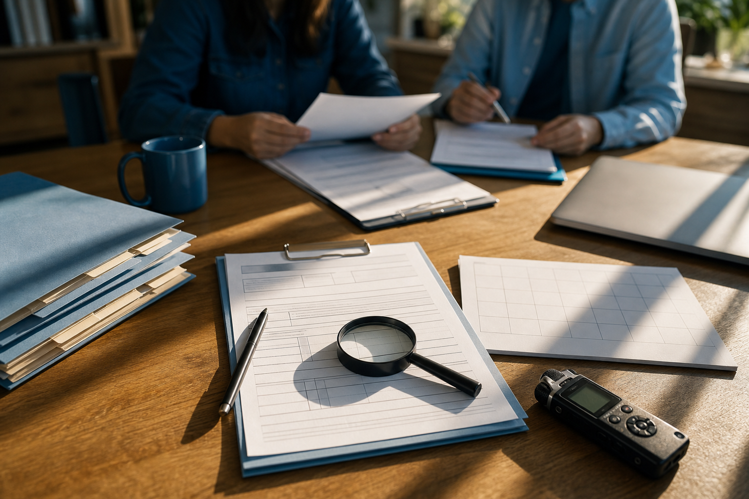 Organized incident forms, folders, a magnifying glass and an audio recorder on a civic advocate's desk while volunteers review materials nearby.