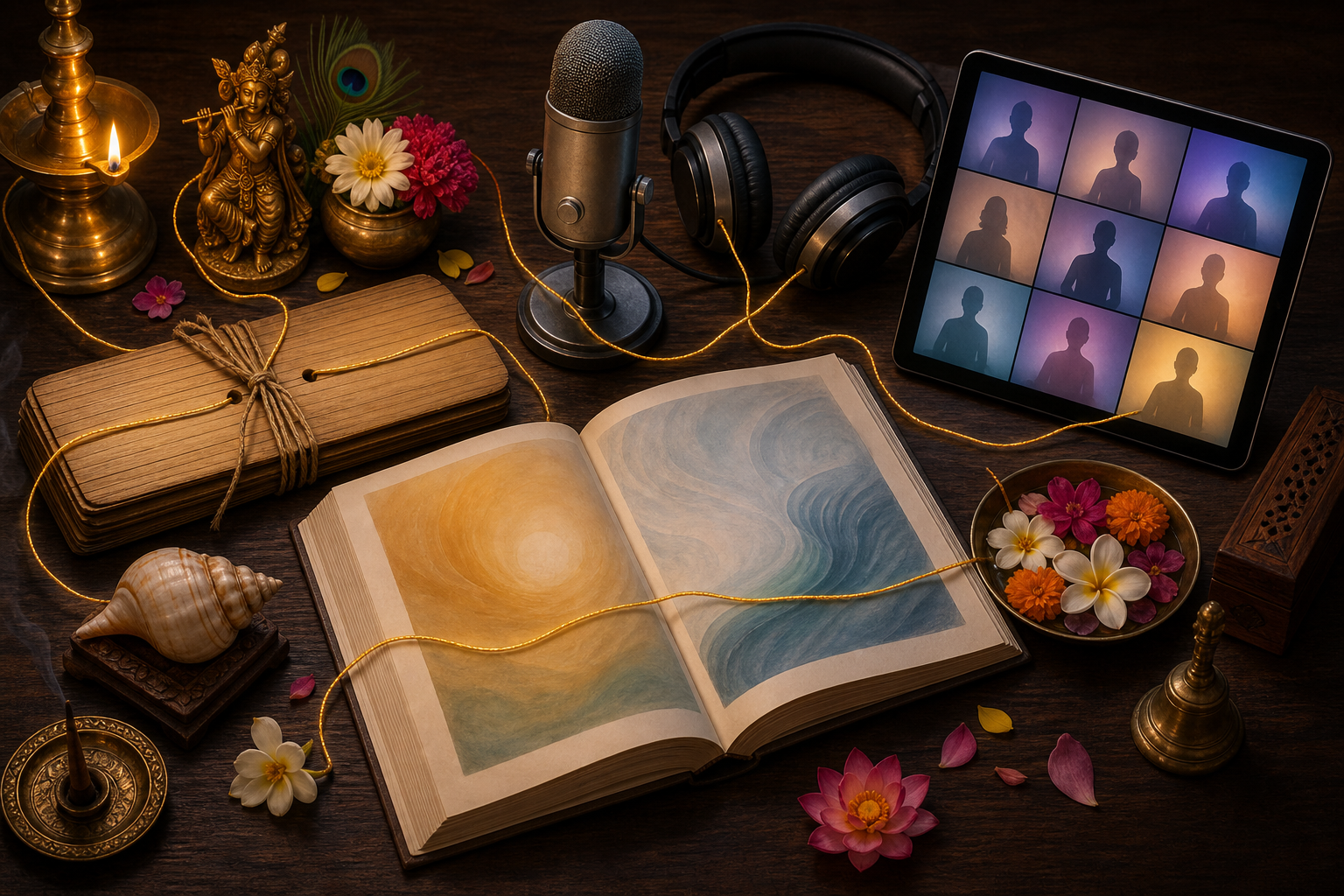 A palm-leaf manuscript, printed book, microphone, headphones, and tablet are connected by a golden thread on a study table.
