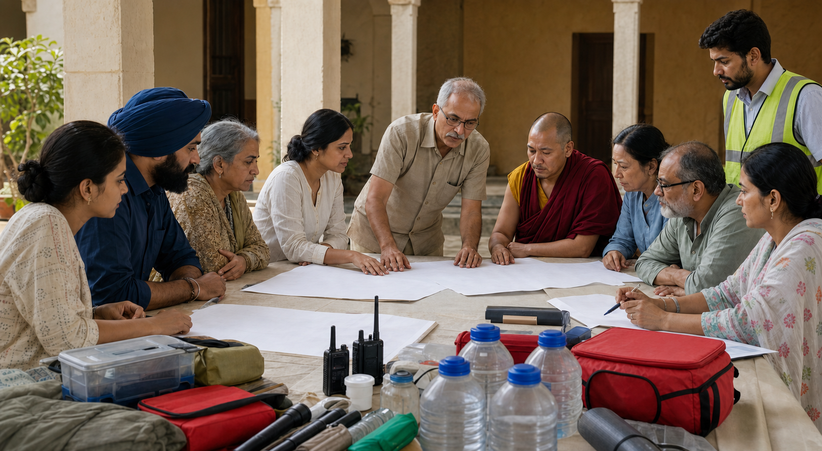 Volunteers from several Dharmic communities and civic staff coordinate emergency supplies around a table in a community center.
