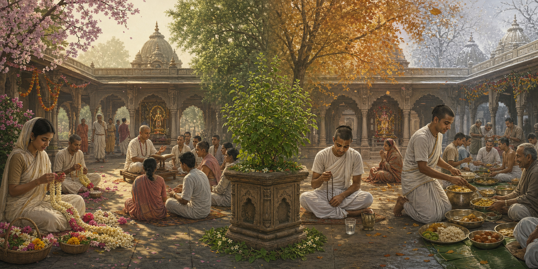A temple courtyard appears across several seasons as devotees make garlands, hear a lesson, fast, and serve a communal meal.