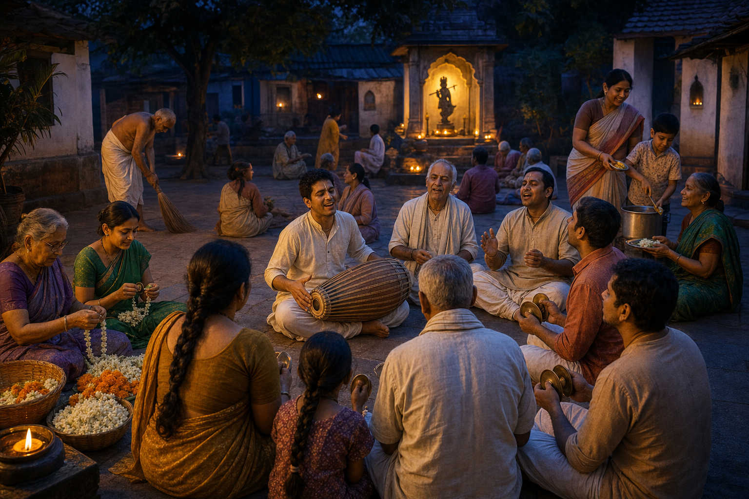 Devotees chant in a temple courtyard while others make garlands, serve food, sweep and welcome visitors.
