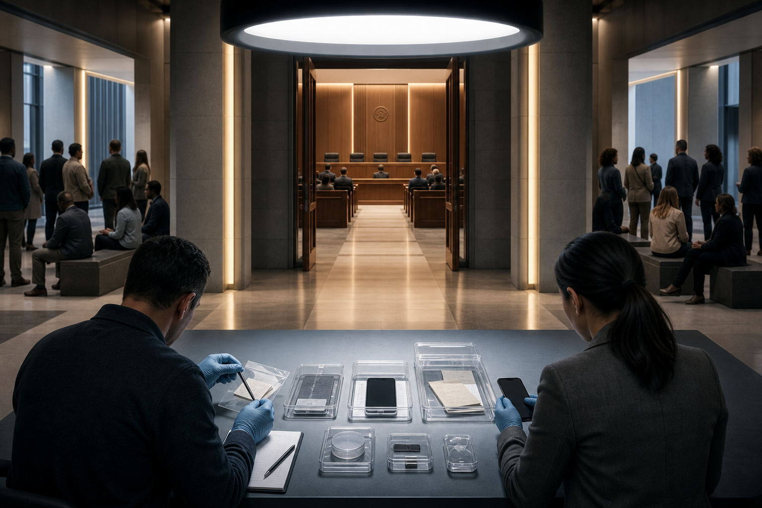 Investigators examine specific evidence along a clear path to a courtroom while uninvolved citizens remain outside the focus of the inquiry.
