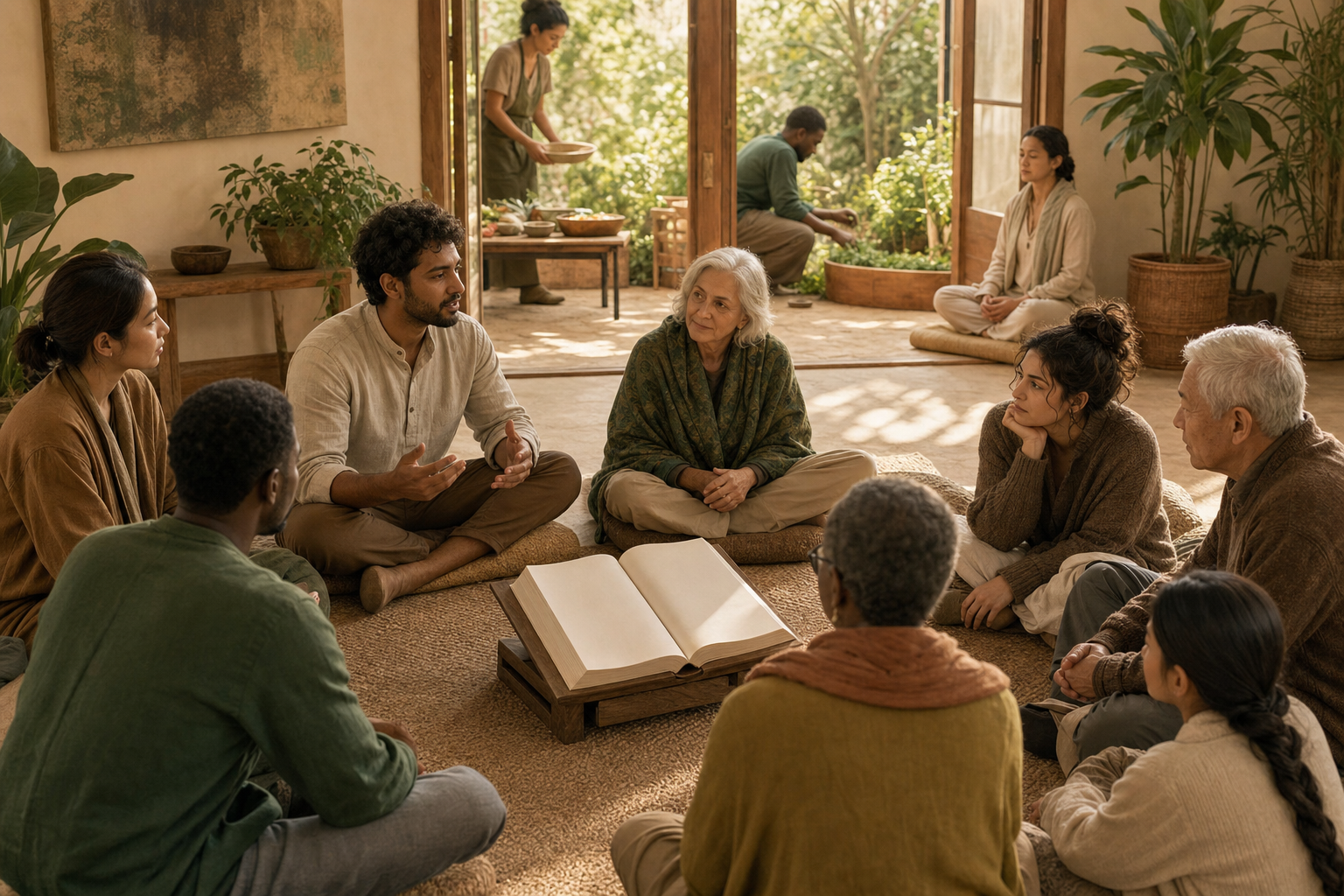 An intergenerational group studies an open book while people in the background serve food, tend plants, and meditate.