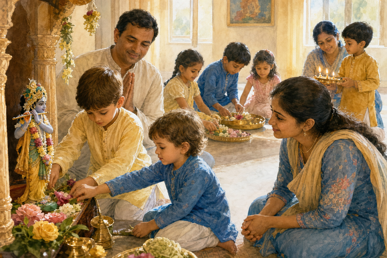 Children imitate adults and one another while offering flowers and helping prepare worship items in a temple hall.