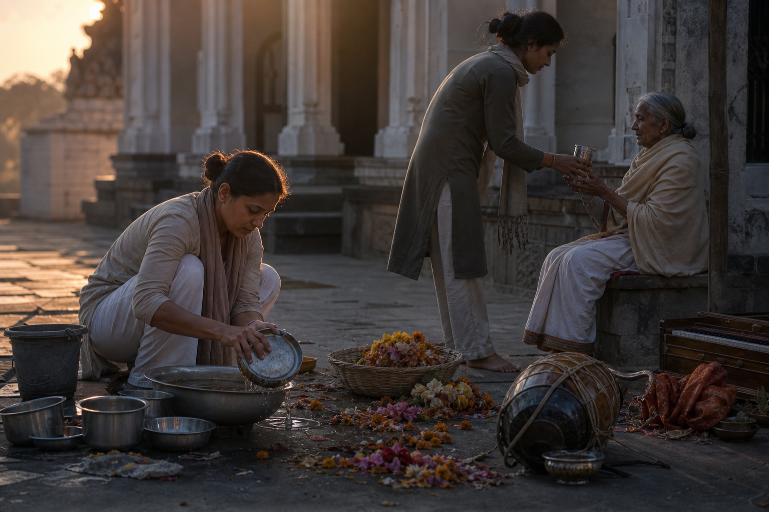 Two devotees quietly clean bowls, clear flowers and offer water in a temple courtyard at dawn.