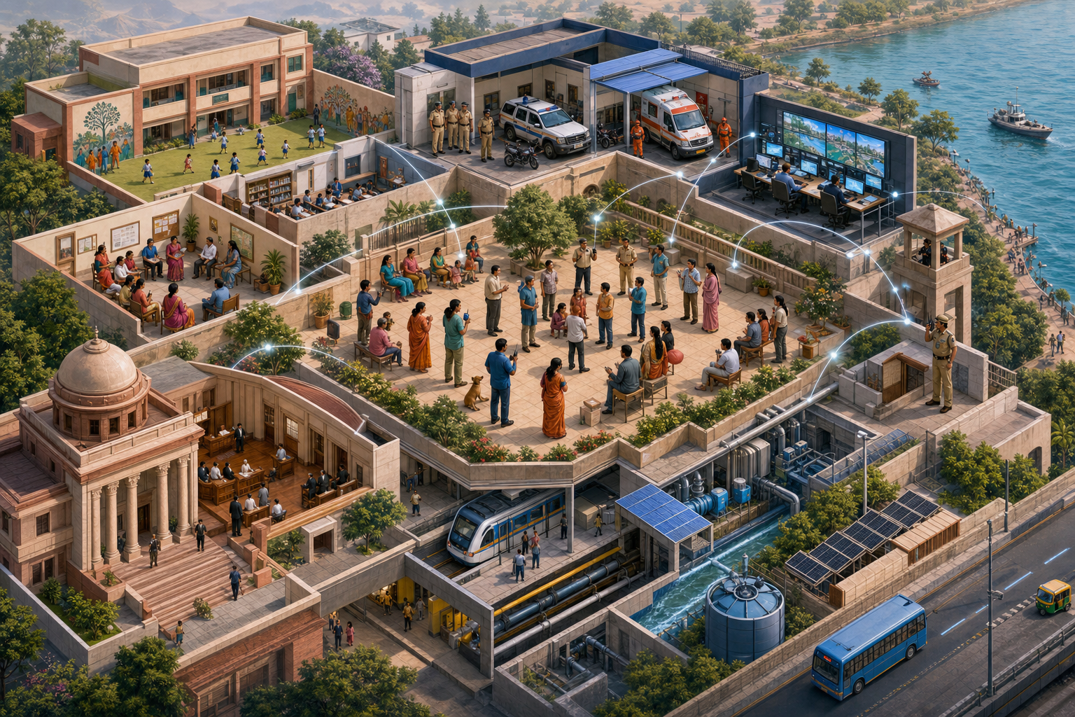 An isometric community is surrounded by connected layers of civic services, justice, digital security, infrastructure, and border protection.