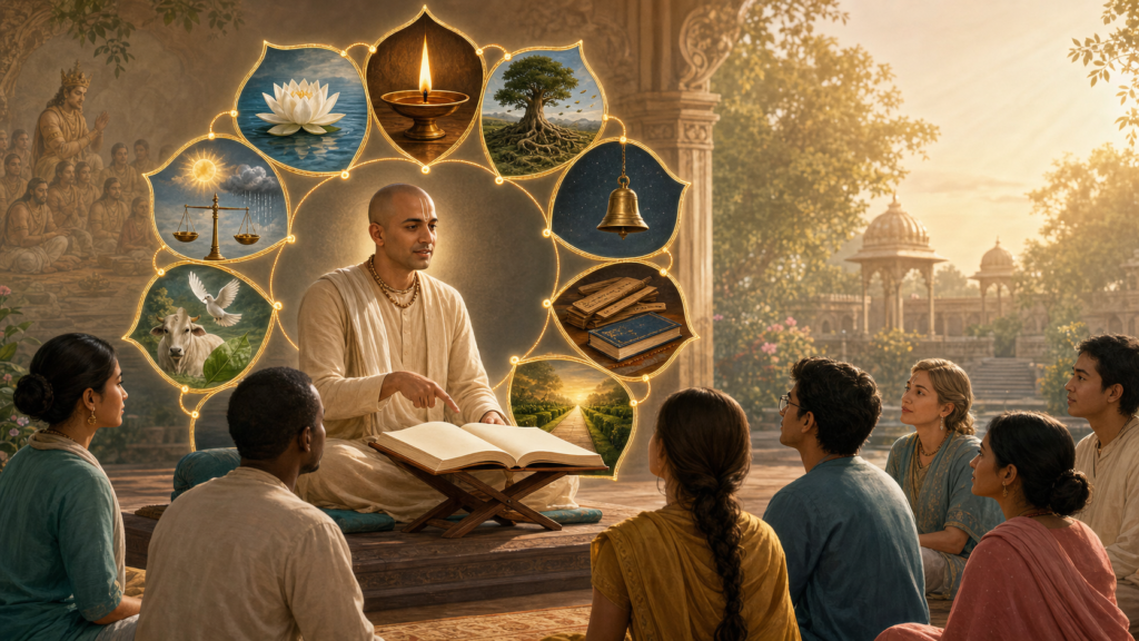 Vaishnava teacher guiding diverse students from an open scripture, framed by a glowing nine-petaled lotus of spiritual virtues.