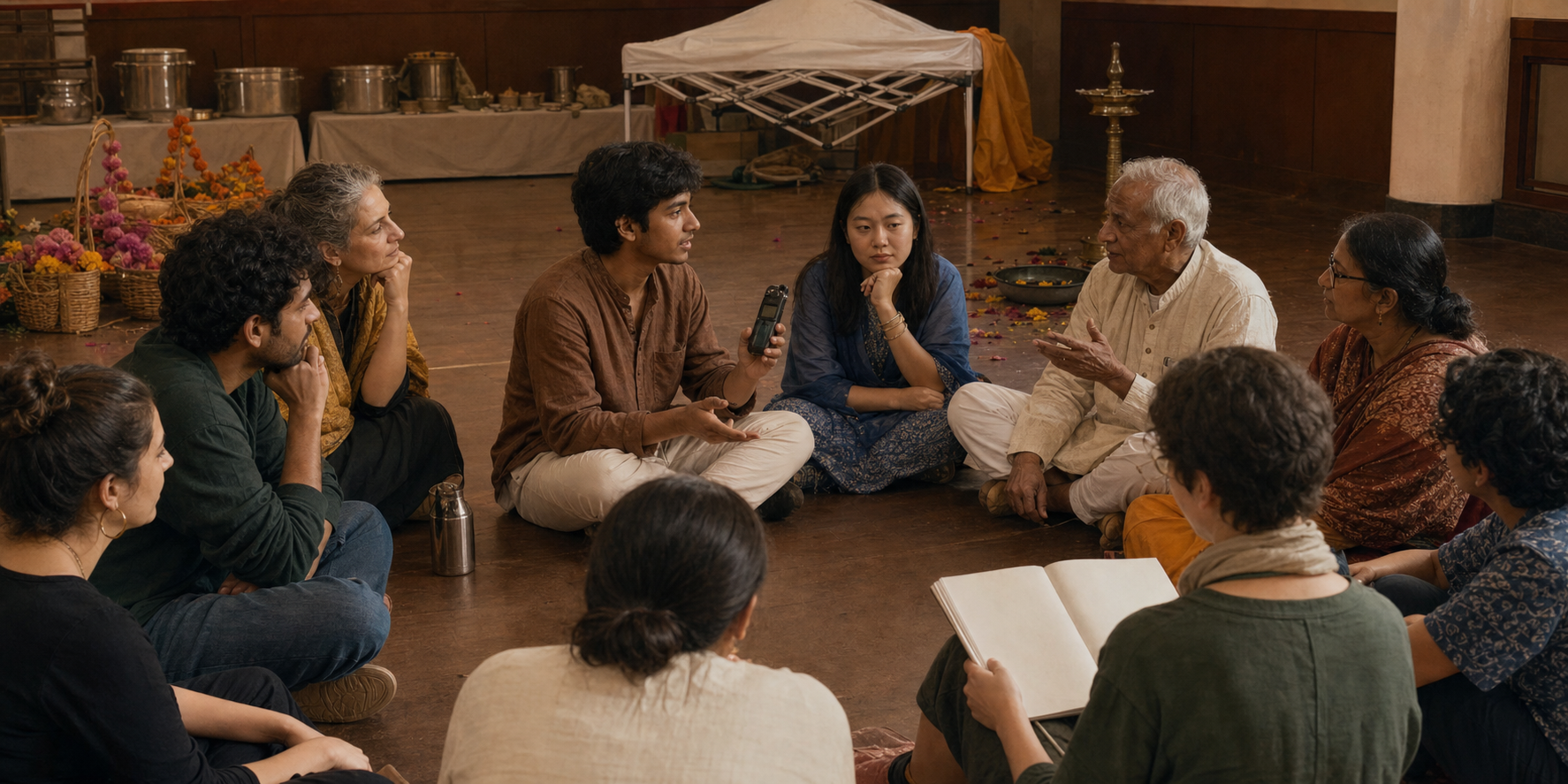 Young participants and elders discuss a completed festival in a community reflection circle with a recorder and notebook.