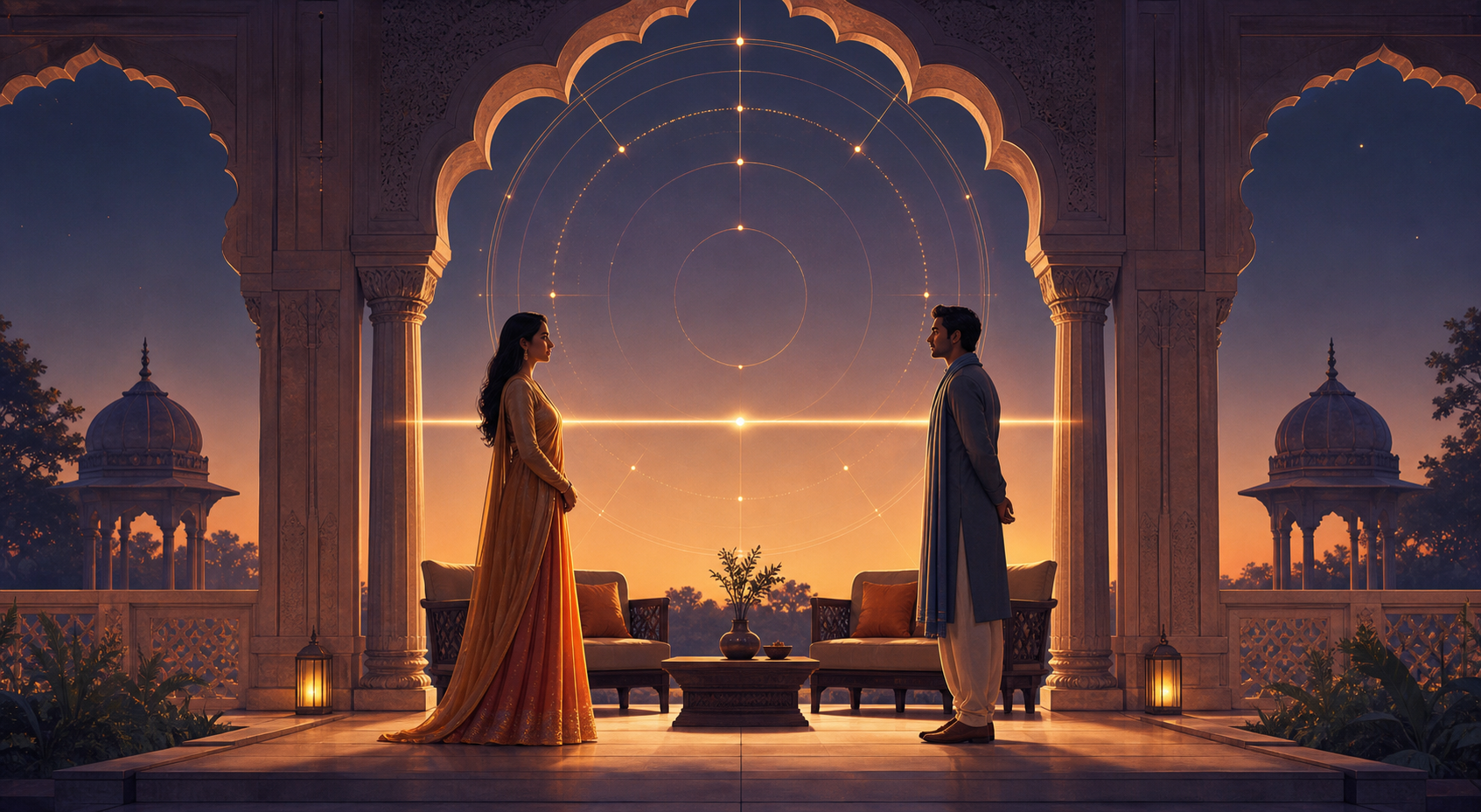 Two people face each other across the illuminated threshold of a symmetrical Indian-inspired pavilion beneath a circular celestial pattern.
