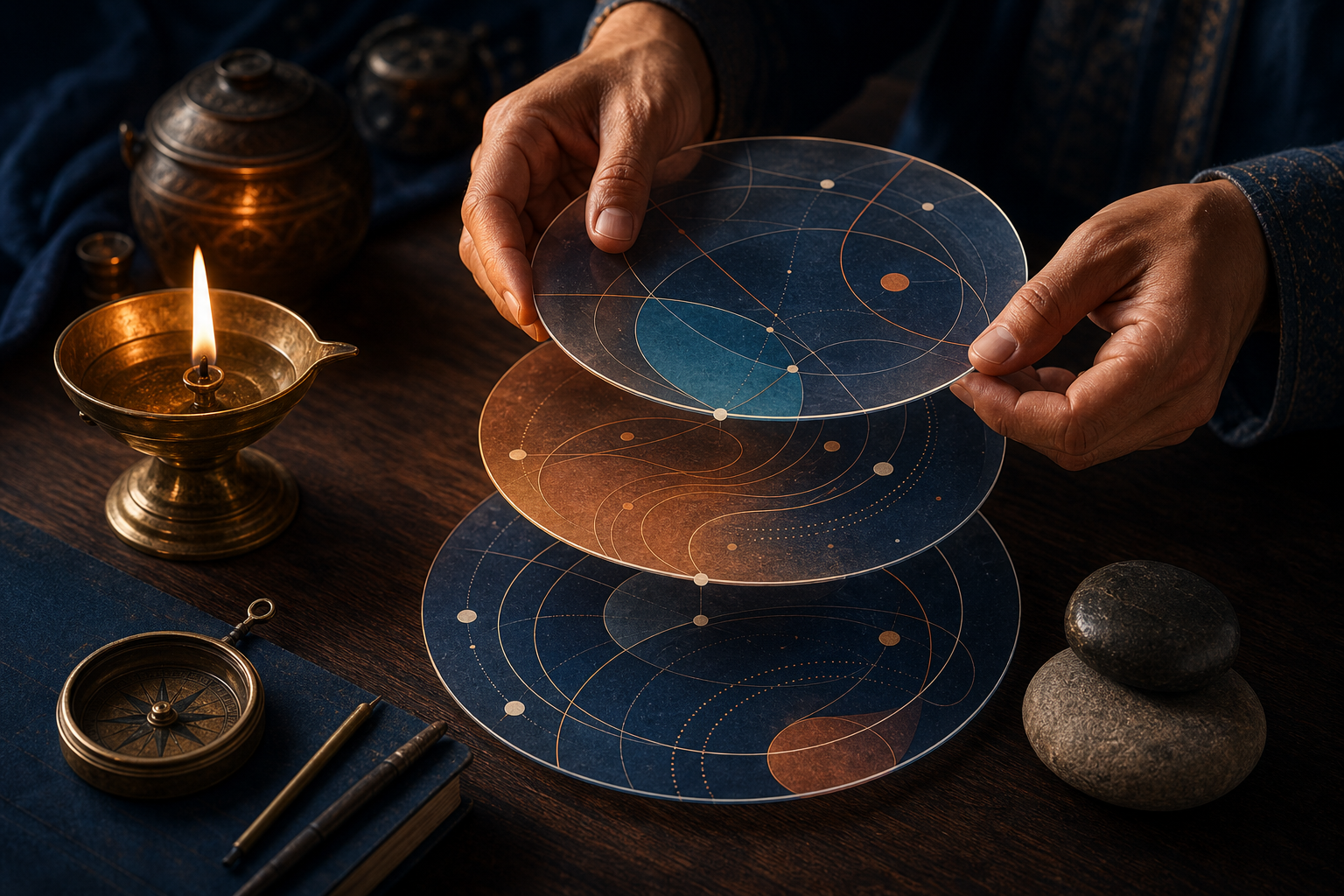 Hands align translucent patterned discs on a wooden table beside a brass lamp, compass, and two balanced stones.