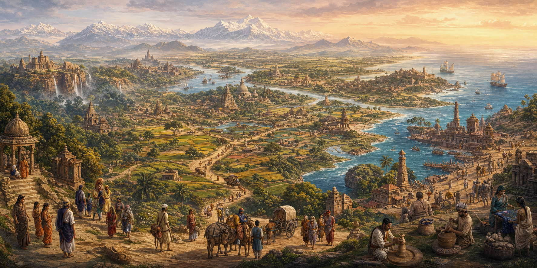 A panoramic painted landscape with mountains, a winding river, forests, plains and a coastal port connected by travelers and varied regional architecture.