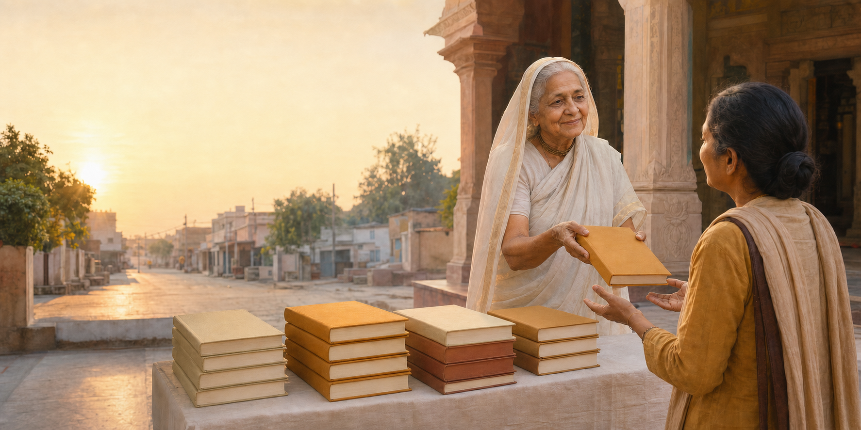 An elderly Indian devotee offers an unmarked clothbound book to a visitor beside a book table in a sunlit temple courtyard.