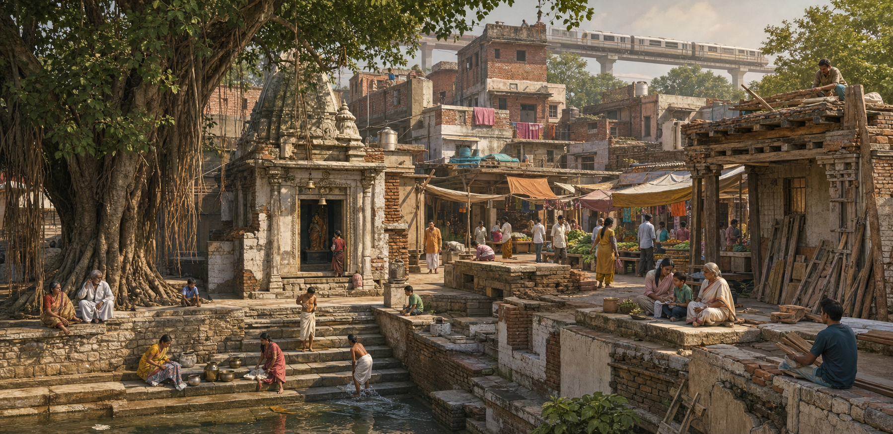 An Indian settlement where an old stepwell and banyan tree stand among a market, homes, a shrine courtyard and modern transit infrastructure.