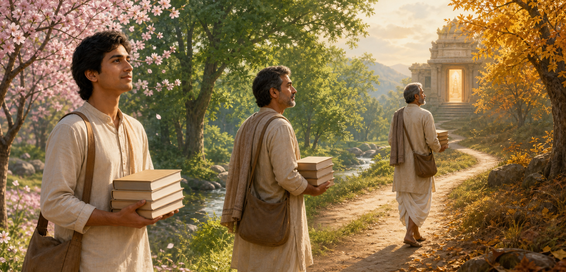 Three fictional versions of a woman at different adult ages carry unmarked books along a path through changing seasons toward a temple doorway.