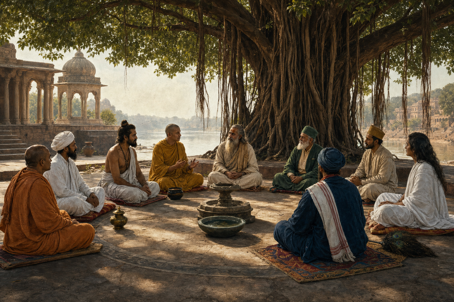 Practitioners and scholars in distinct traditional clothing sit in dialogue beneath a banyan tree beside a river.