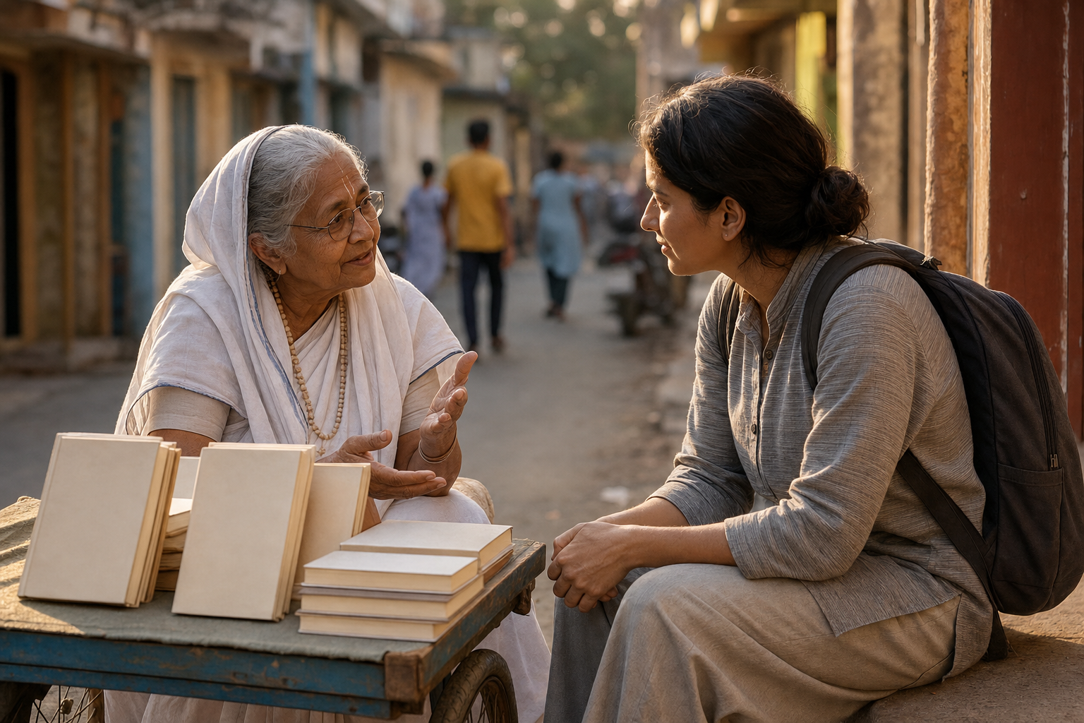 An elderly devotee has a respectful street conversation with a young adult beside a handcart of unmarked books.