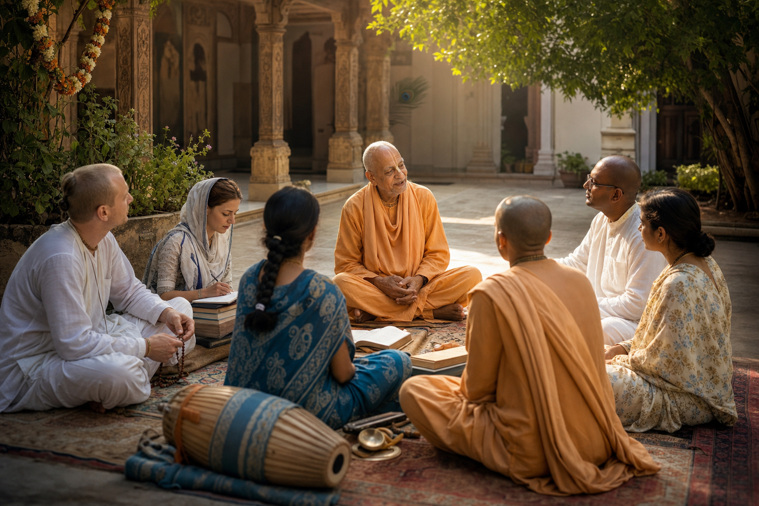 Elderly Gaudiya Vaishnava monk leads a diverse Sadhu-Sanga gathering in a sunlit temple courtyard.