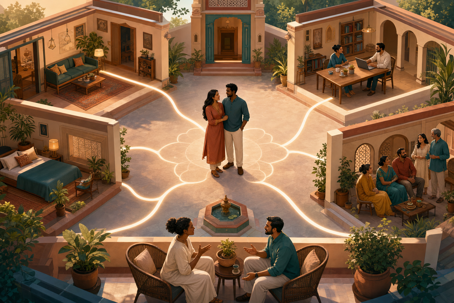 Two partners stand in a central courtyard linked by pathways to a home, workplace, private room, family gathering, and agreement meeting.