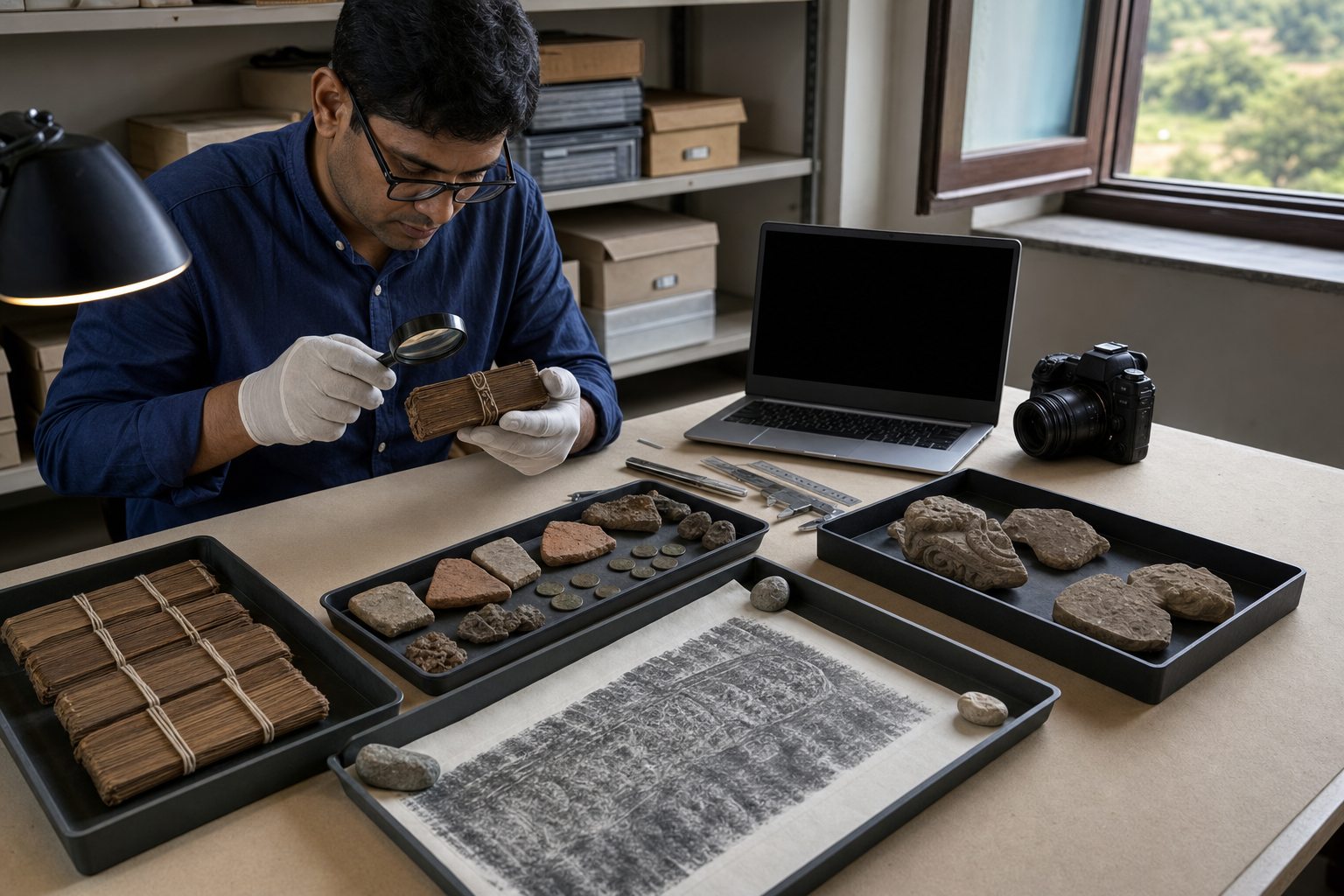 A historian studies manuscript bundles, pottery, coins, soil samples and architectural fragments at a conservation archive table.
