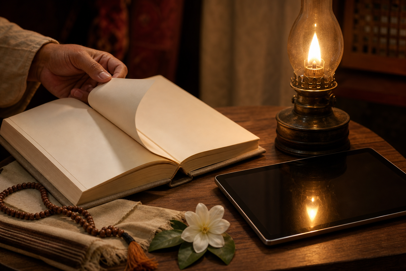 A hand turns a blank page of a clothbound book beside prayer beads, an oil lamp, and an unbranded tablet with a dark screen.