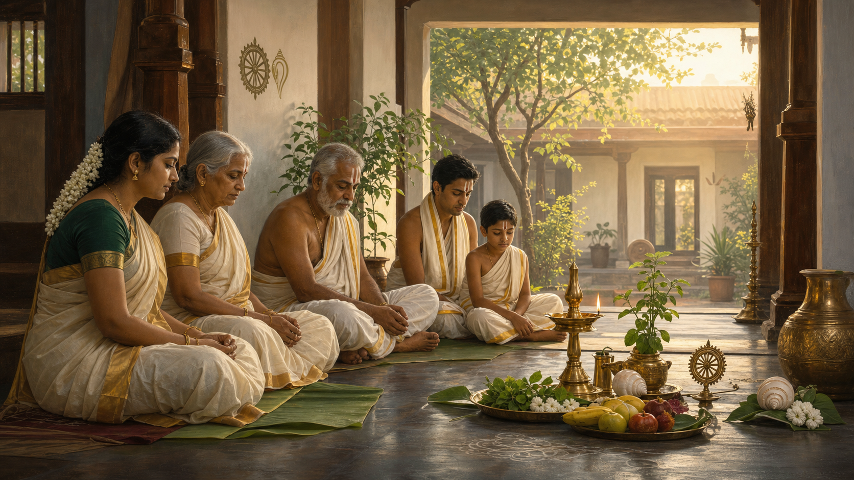 A South Indian Vaishnava family gathers beside a brass lamp, tulsi leaves, flowers, fruit, and banana leaves as morning light enters through an open doorway.