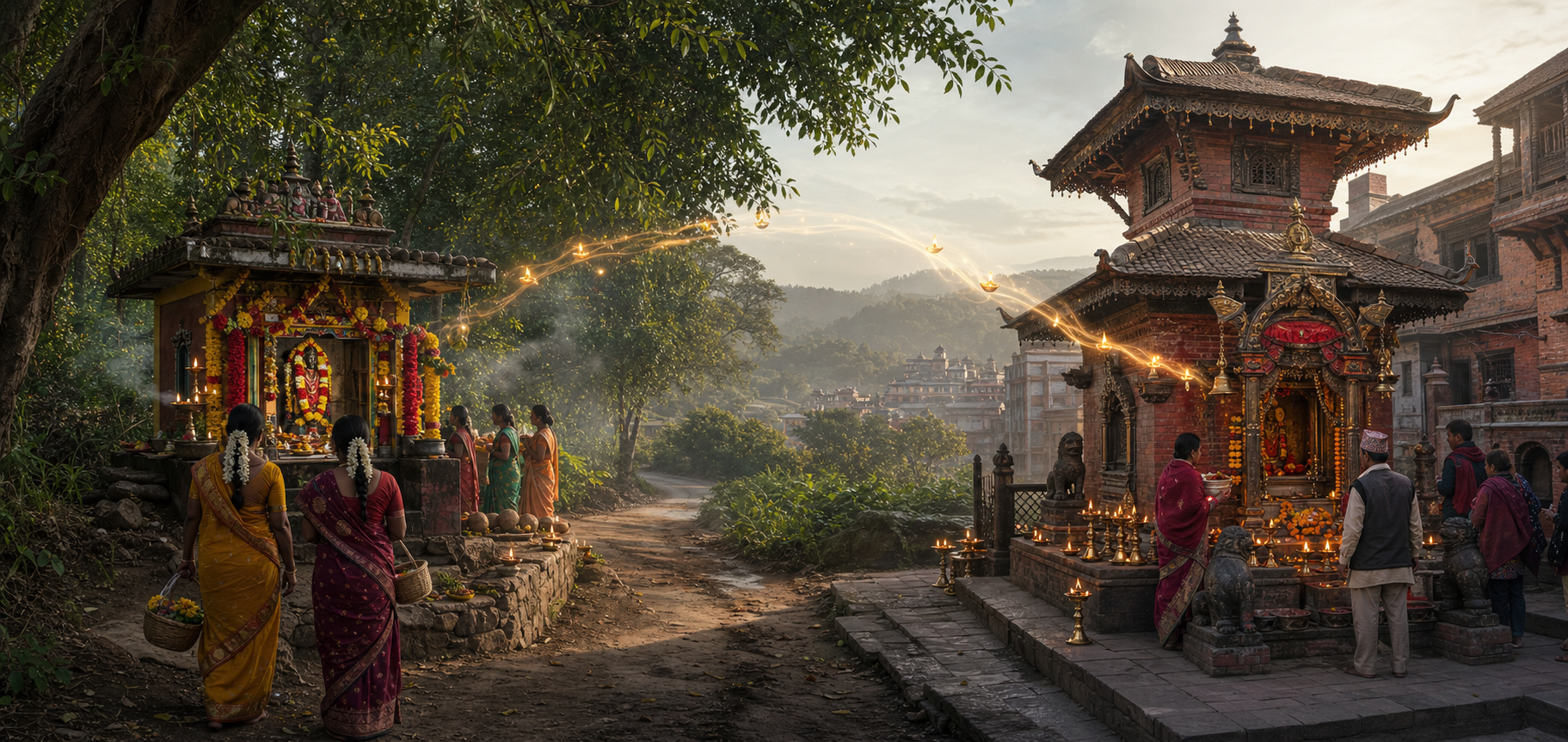 An editorial panorama links a flower-covered Amman shrine in a Tamil Nadu forest setting with a lamp-lit mother-goddess shrine in a Kathmandu Valley brick courtyard.
