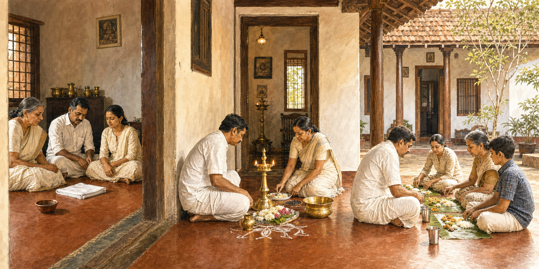 Three connected scenes show relatives in quiet mourning, hands preparing ritual offerings, and a family sharing a simple meal in a South Indian home.