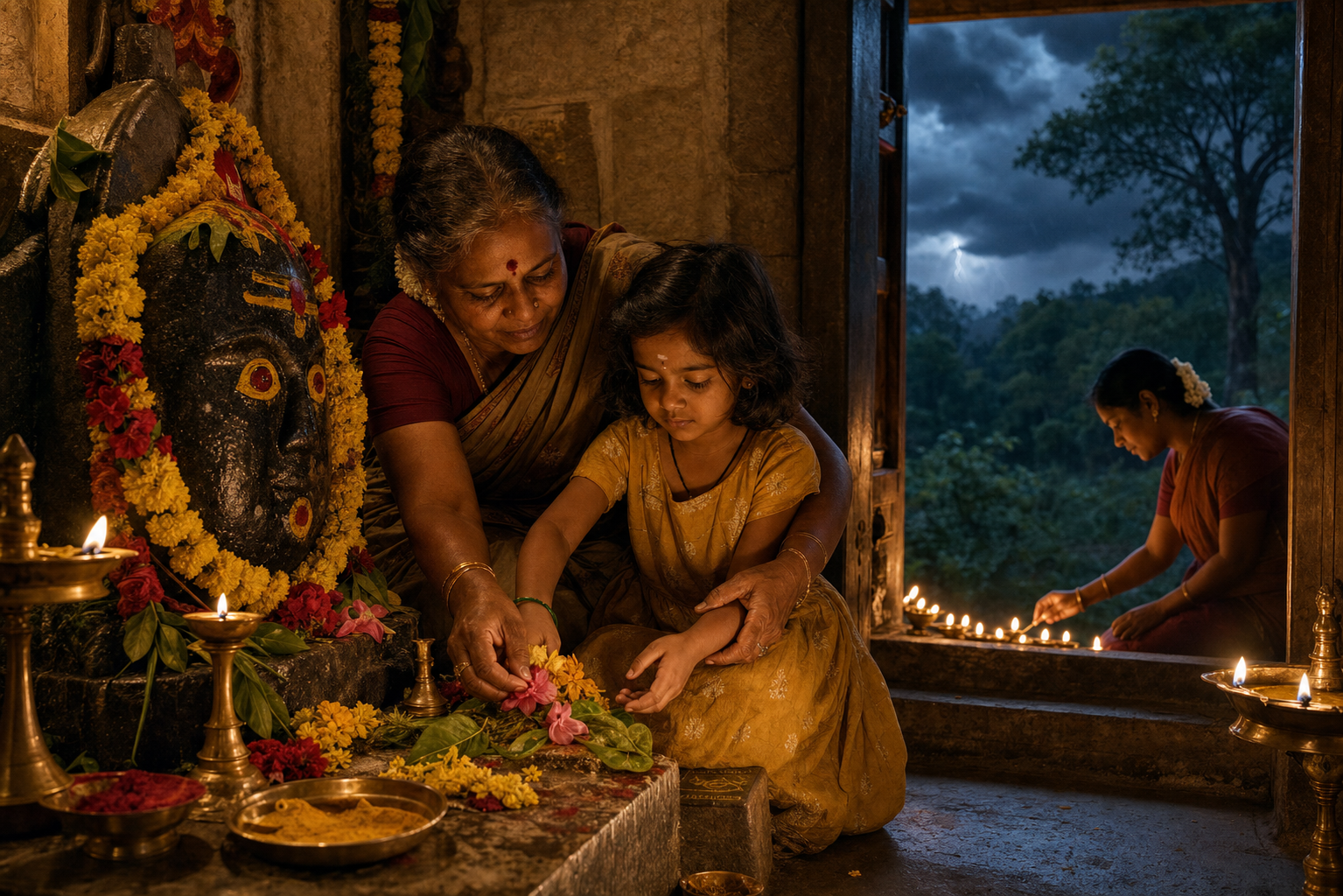 A woman and child offer flowers at a lamp-lit village goddess shrine while a dark forest and storm clouds appear beyond the doorway.