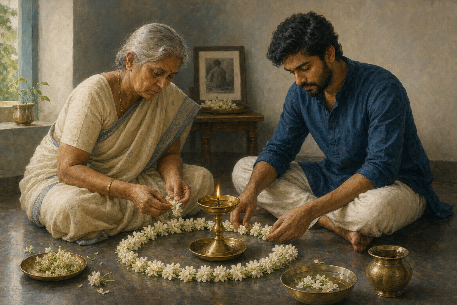 An older woman and a younger man arrange white flowers beside a brass lamp and bowl of water in a quiet home.