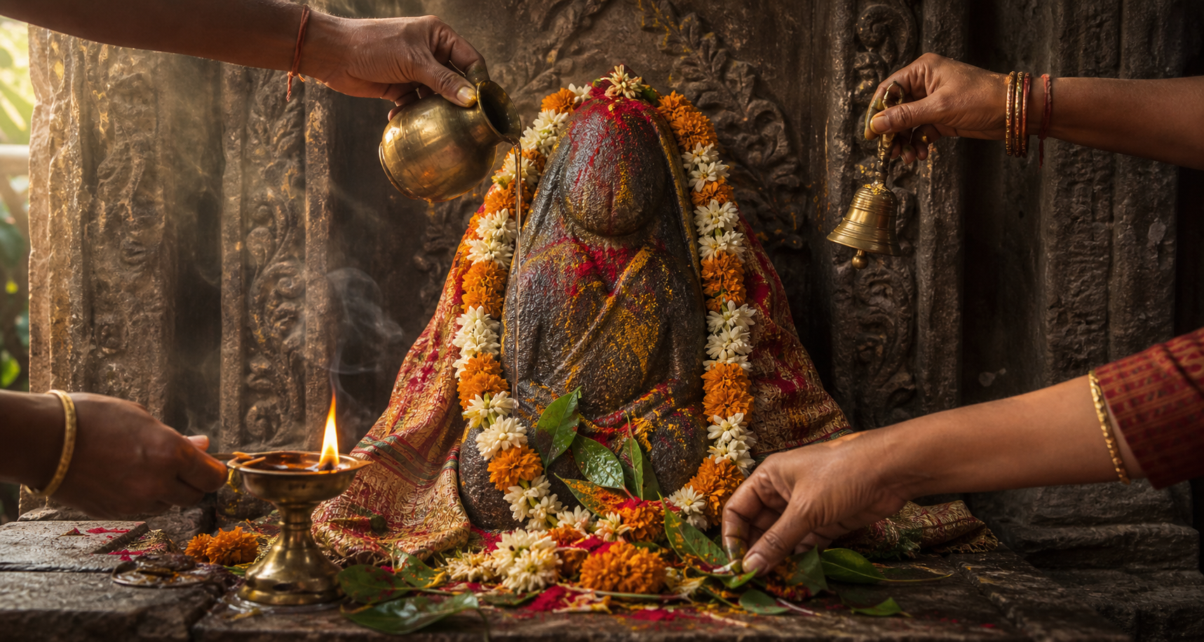 Hands light a brass lamp and arrange flowers, leaves, colored powders, and water offerings around a stone mother-goddess image in a shrine niche.