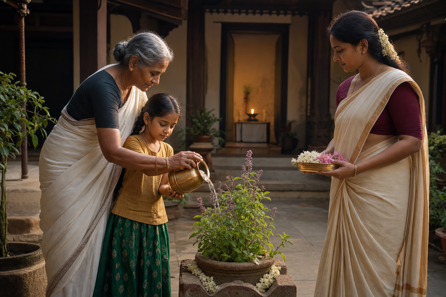 Three generations water a tulsi plant together in a South Indian courtyard beside a softly lit household remembrance space.