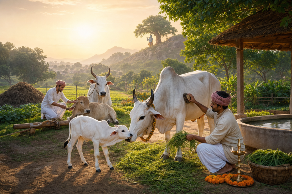 Indian caretakers gently tend zebu cows and calves on a peaceful mixed farm at sunrise.