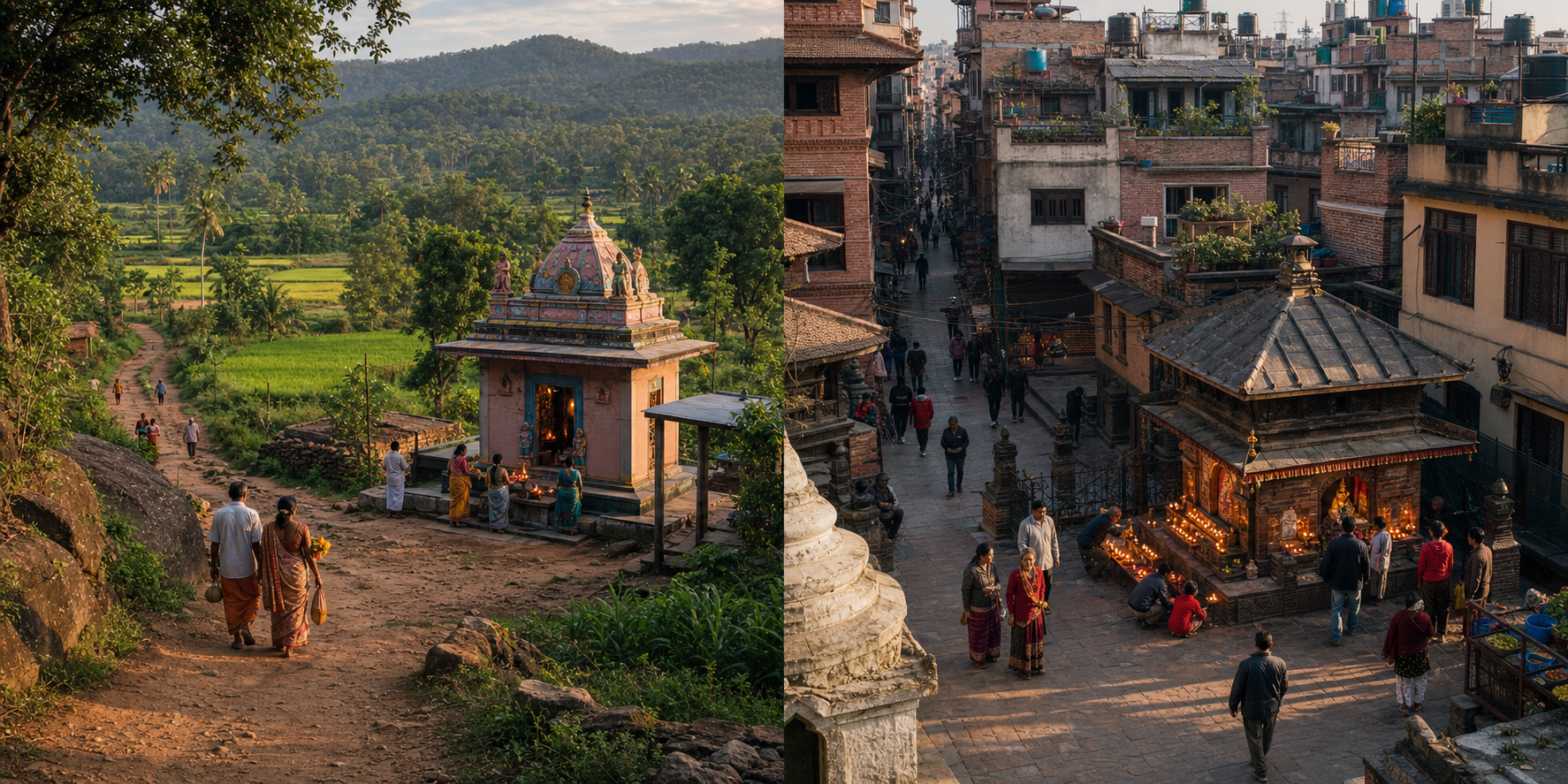 A paired landscape view shows travelers approaching a forest-side Amman temple in Tamil Nadu and residents gathering around a small shrine in a Kathmandu Valley brick neighborhood.