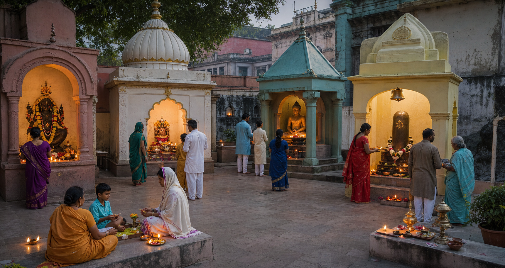 Worshippers make offerings at several separate shrine alcoves in a courtyard, with each sacred form retaining different decorations and ritual objects.