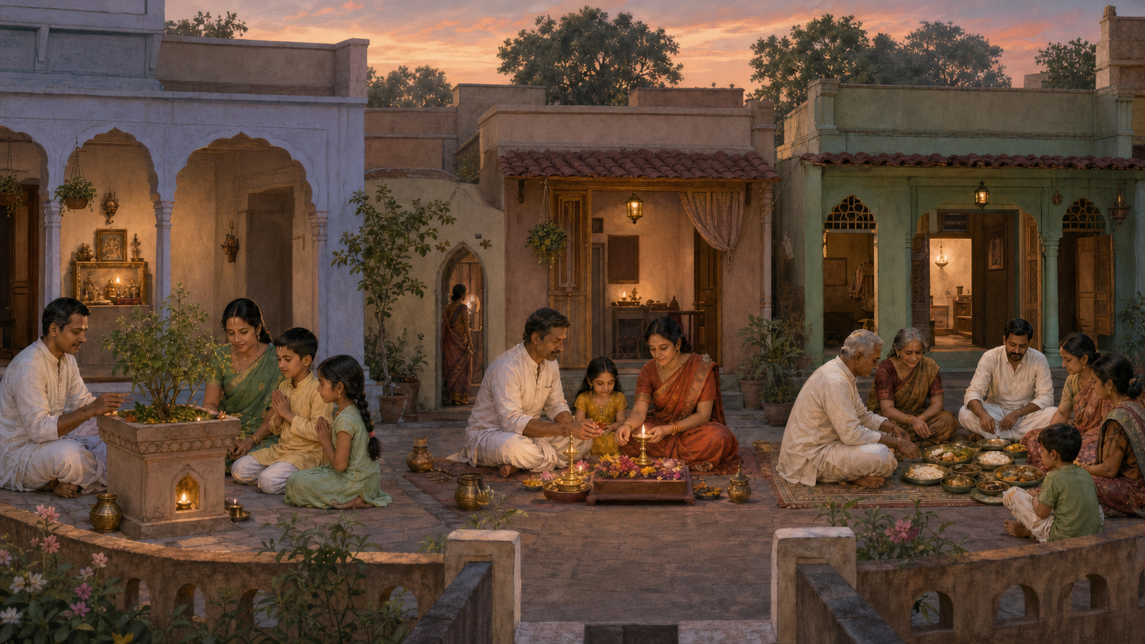 Several Hindu families observe remembrance in different adjoining courtyards using lamps, flowers, tulsi, and shared food.
