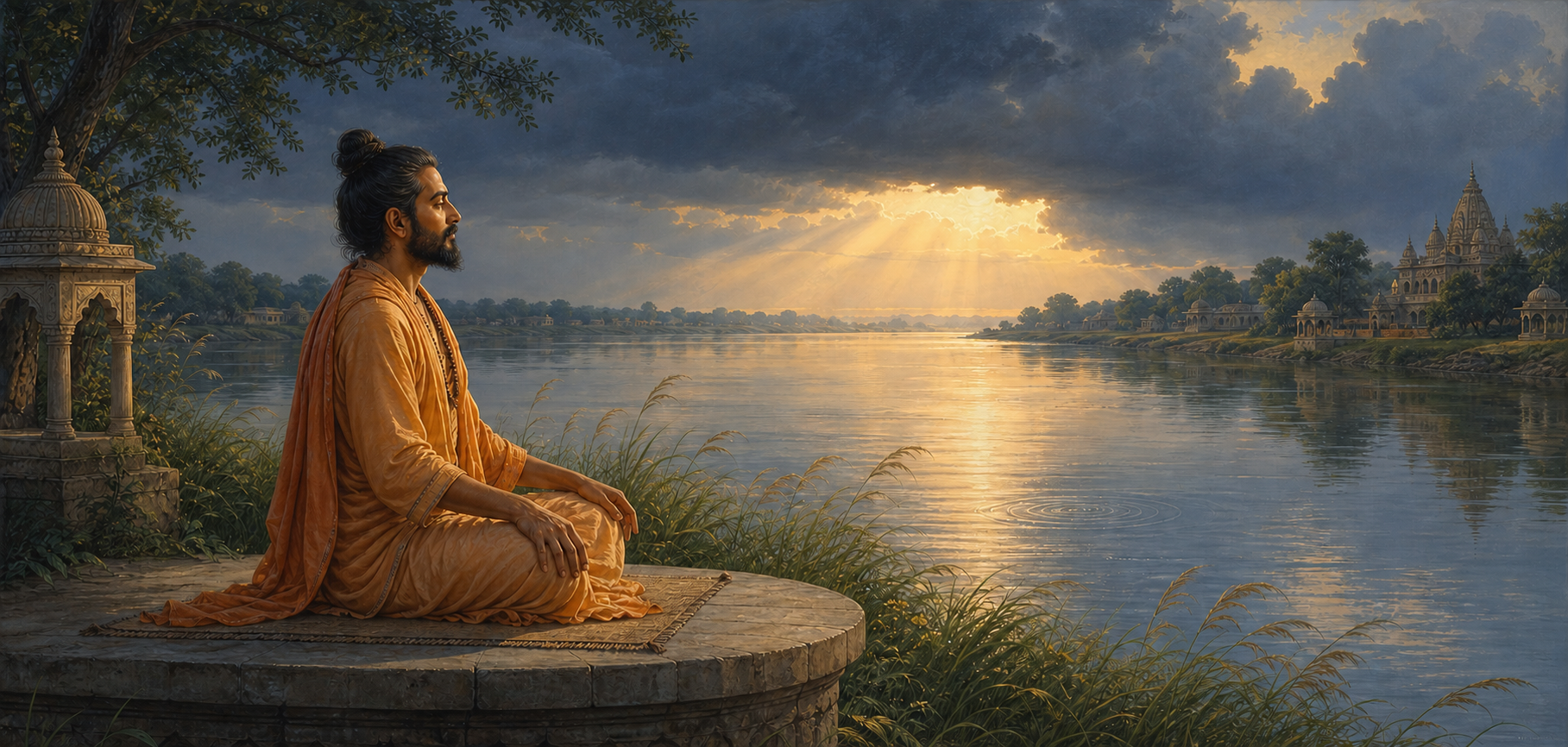 An Indian seeker sits calmly beside a river at dawn while wind moves the grasses and sunlight breaks through distant storm clouds.