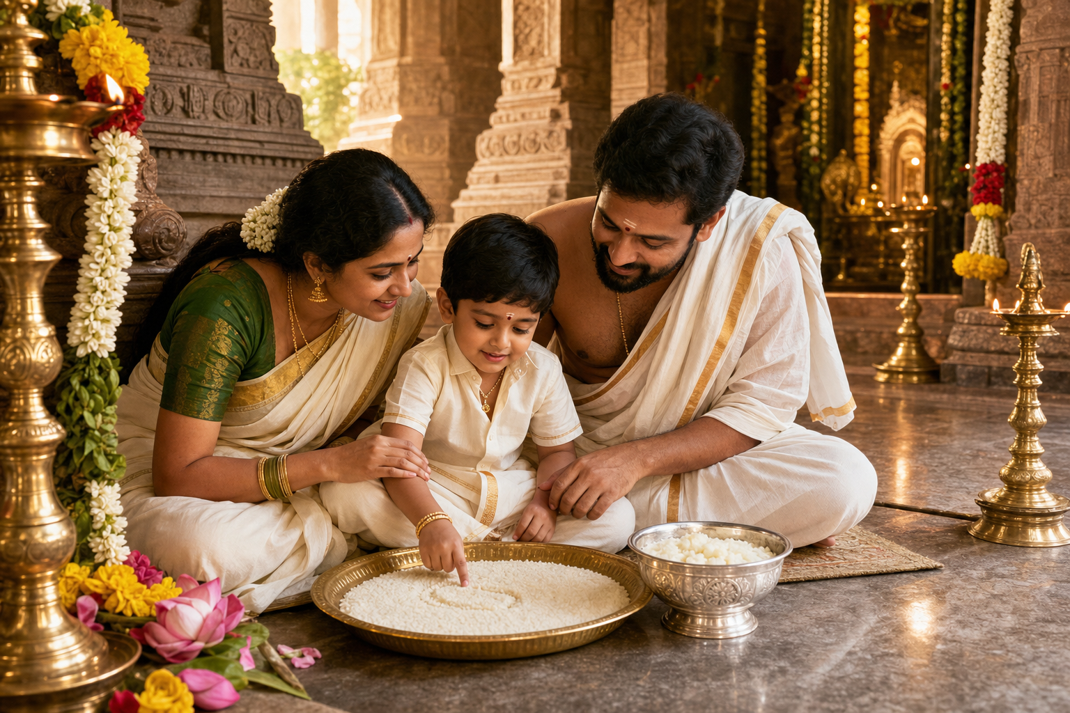 A child and parents sit in a lamp-lit South Indian temple with a tray of rice for learning and a bowl of food for ceremonial feeding.
