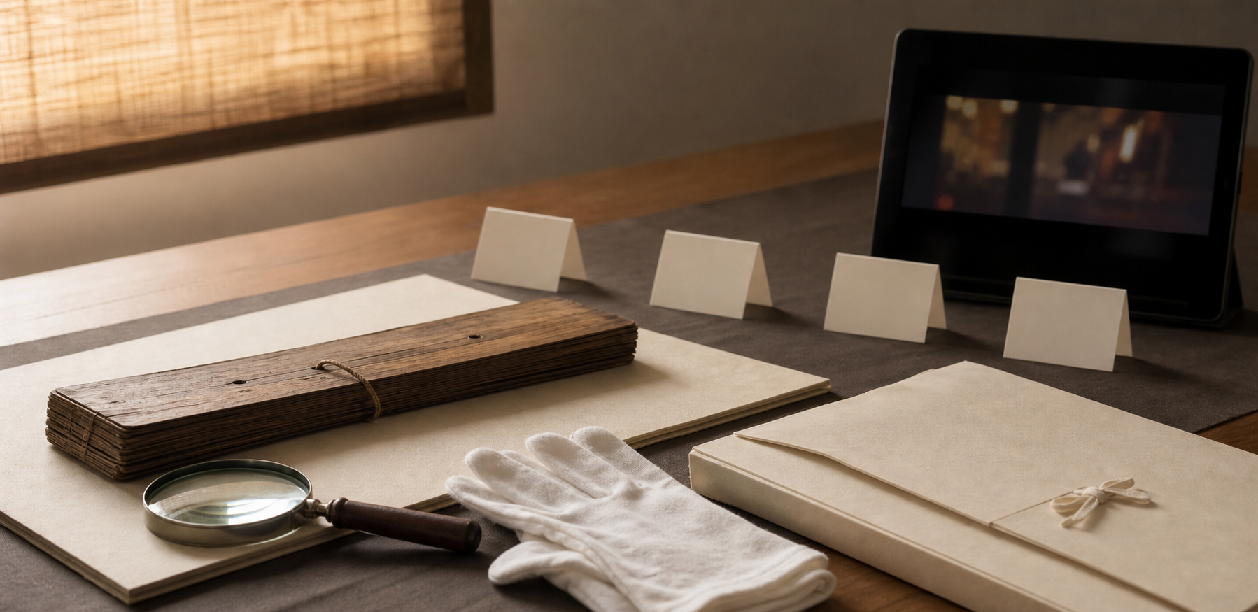 A palm-leaf manuscript, an indistinct video fragment, a magnifying glass, gloves, and archival materials arranged on an editor's table.