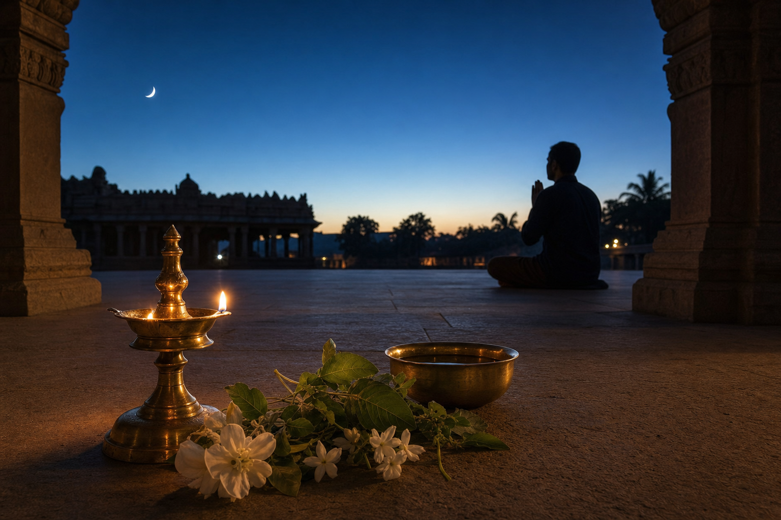 A devotee prays in a temple courtyard before dawn beside an oil lamp, water, tulsi leaves and flowers under a waning crescent moon.