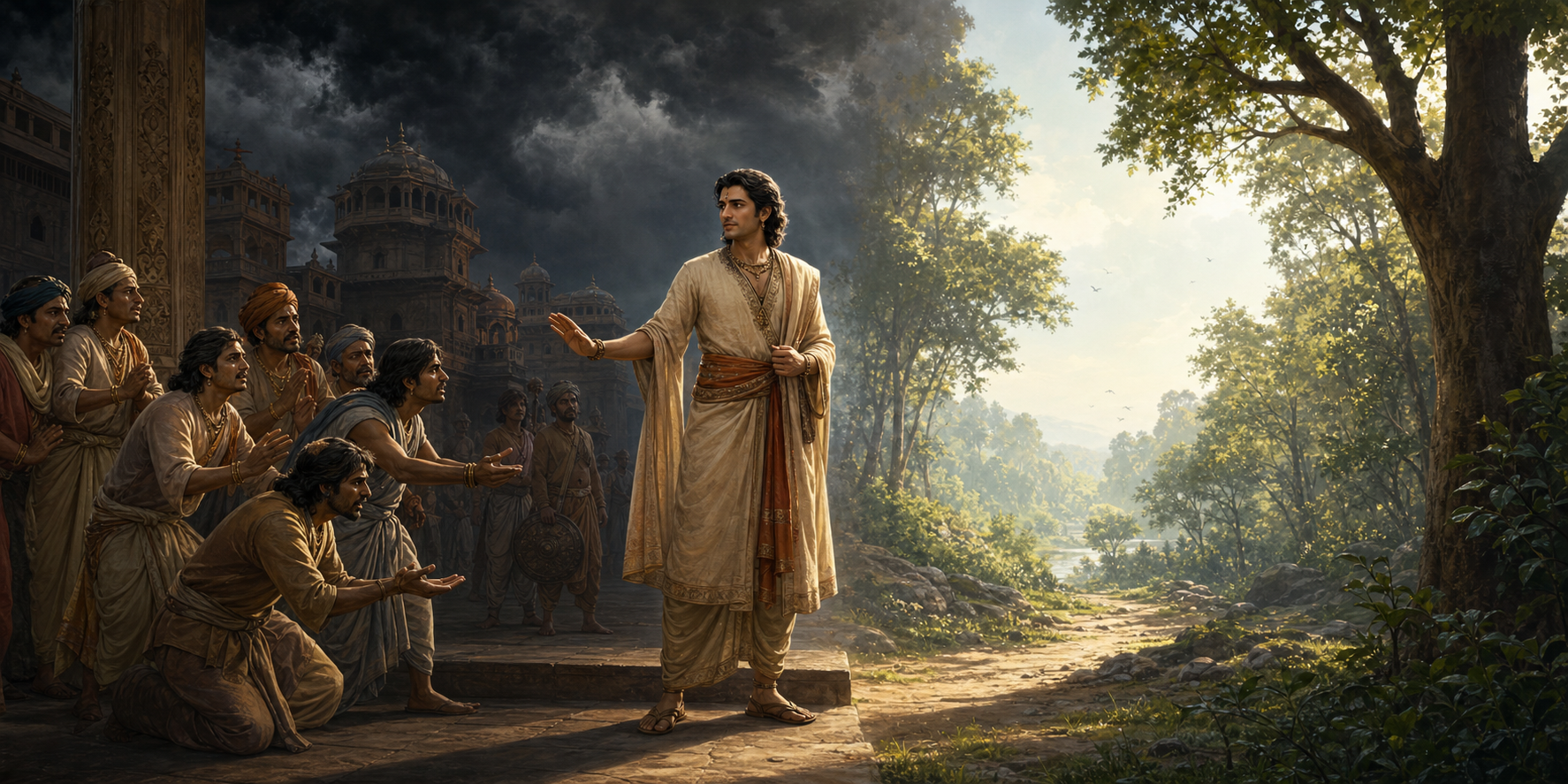 A composed ancient Indian traveler stands between a troubled palace courtyard and a quiet forest path as attendants look on.