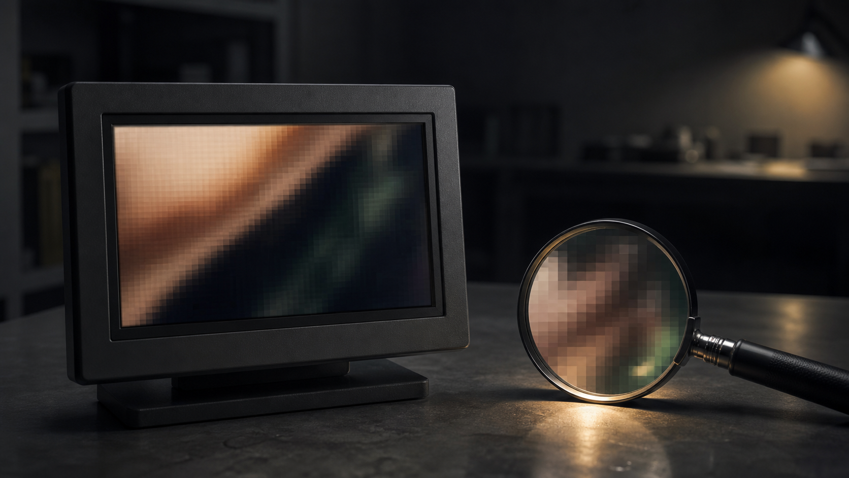 An indistinct cropped image on a small monitor beside a magnifying glass in a dim research workspace.