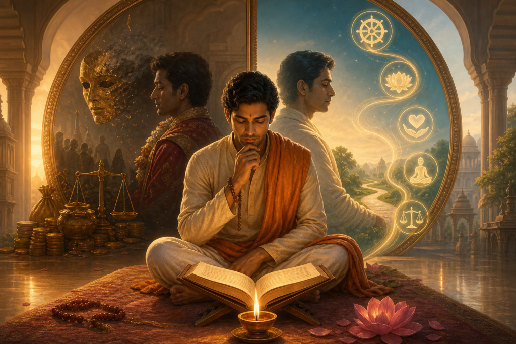 South Asian seeker meditating by a sacred manuscript and oil lamp, reflected between worldly status and the path of dharma.