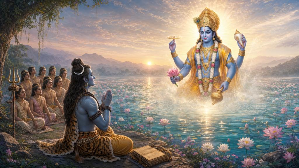 Lord Shiva and the ten Pracetas worship a radiant four-armed Vishnu-Narayana above a lotus-filled lake at sunrise.