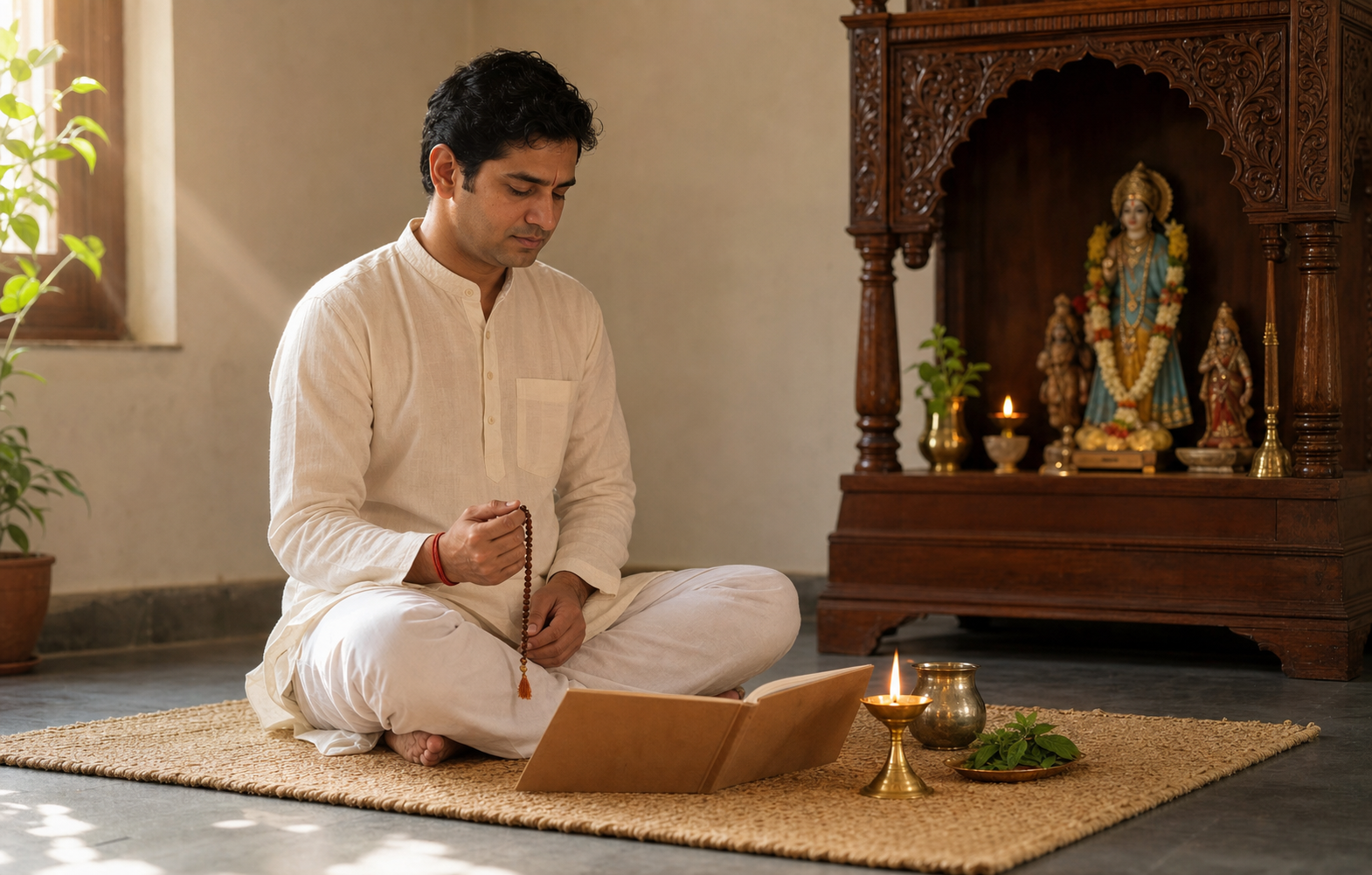 A seated devotee uses prayer beads near a simple home shrine with a lamp, water and tulsi leaves.