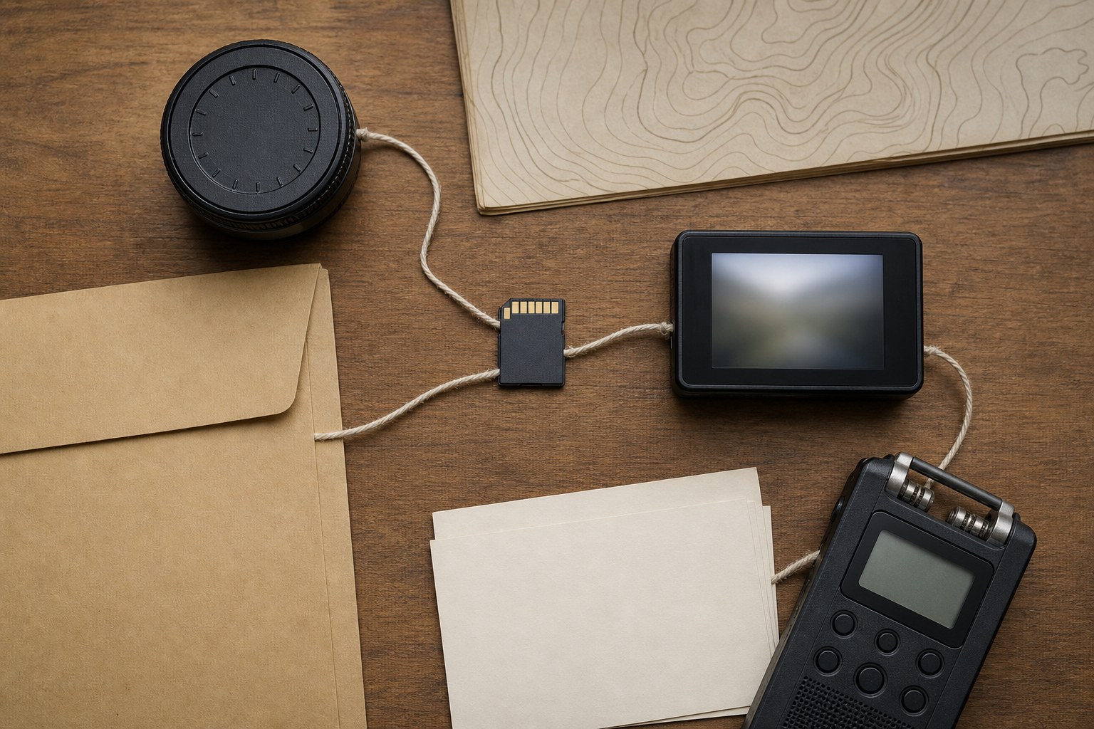 A media card and small screen are surrounded by archival tools, blank catalog cards, a recorder, and an abstract map on a research table.