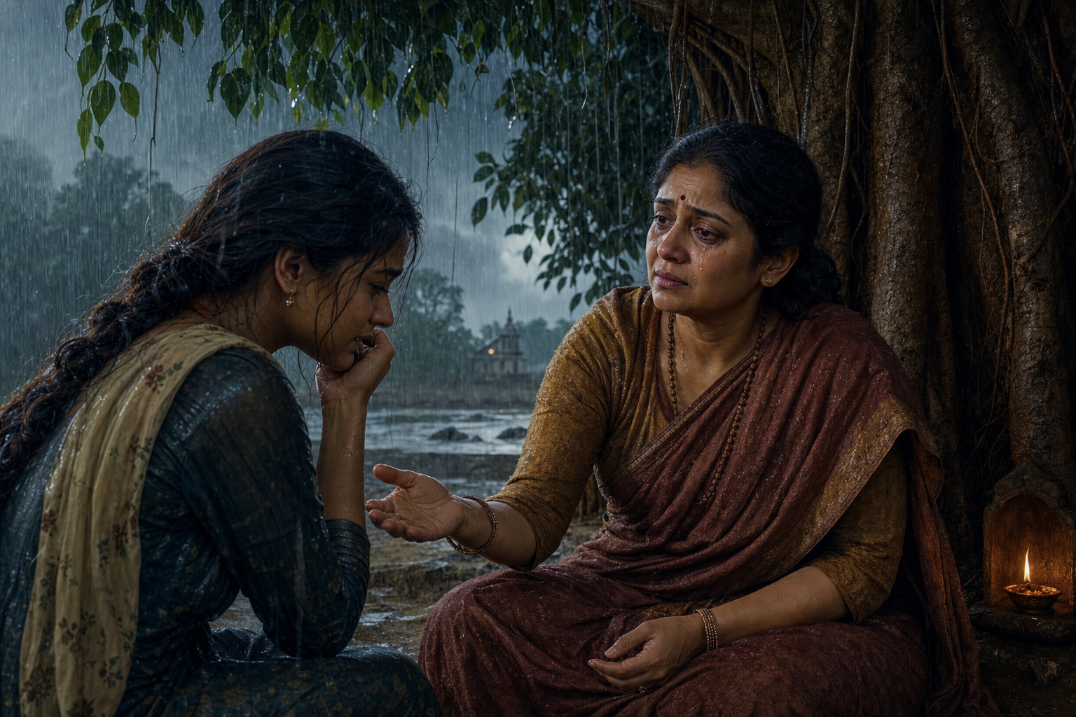 A tearful but composed Indian woman comforts a distressed younger companion beneath a banyan tree during monsoon rain.