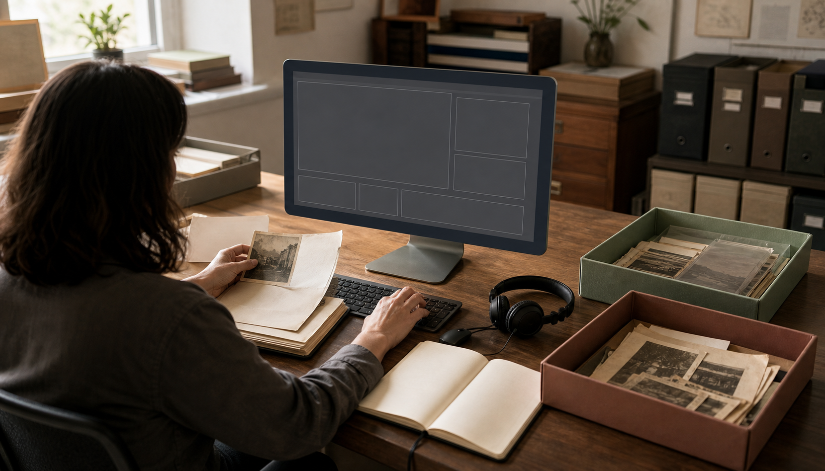 An editor compares an incomplete media record on a computer with blank notes and organized archival materials.