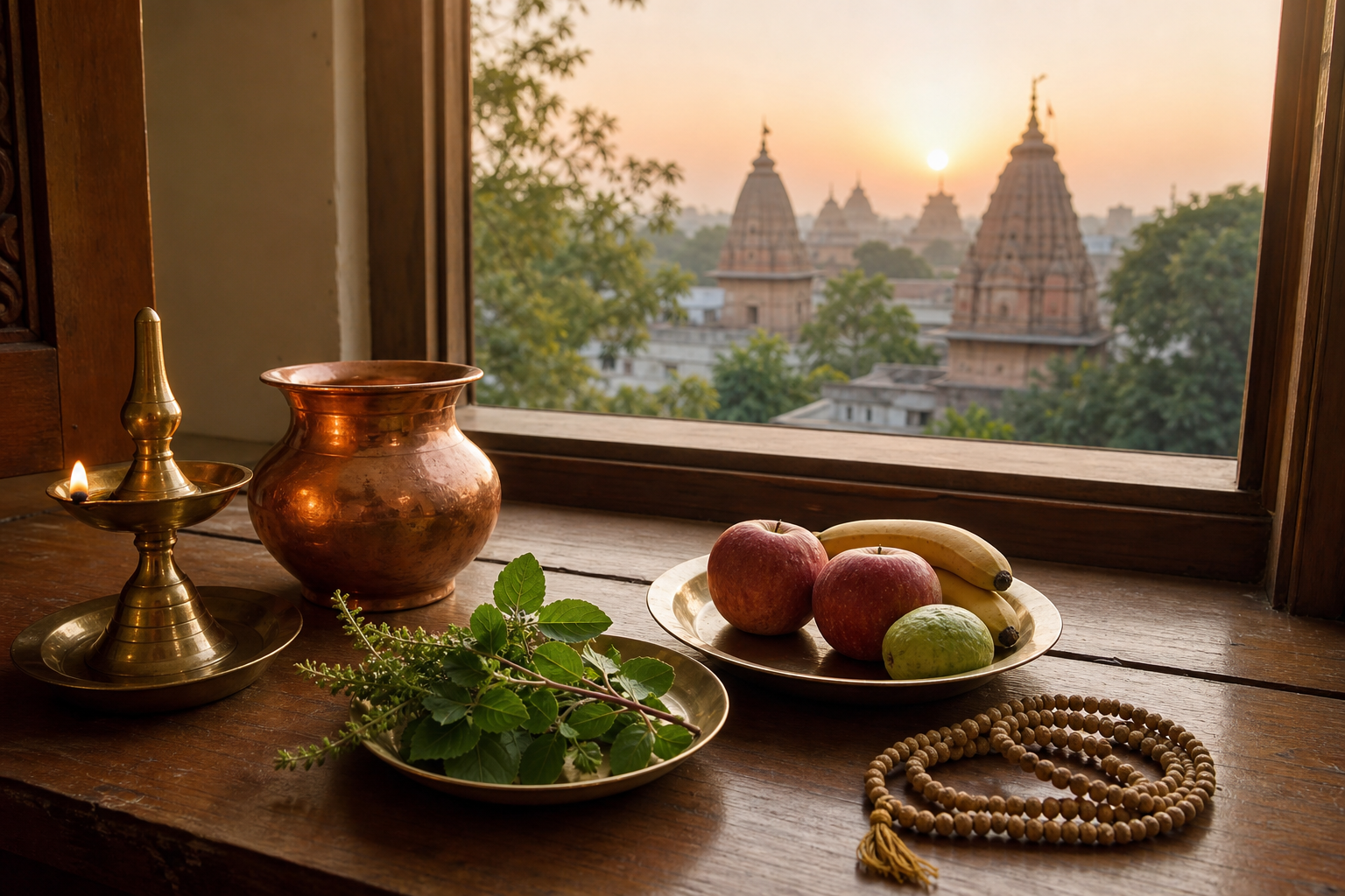 An oil lamp, water vessel, tulsi leaves, fruit and prayer beads are arranged near a window overlooking temple rooftops at dawn.